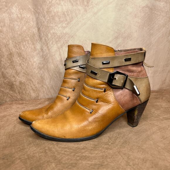 Elite by Corky Antelope Patchwork Leather Heeled Ankle Booties Tan Boho Western - Picture 2 of 12